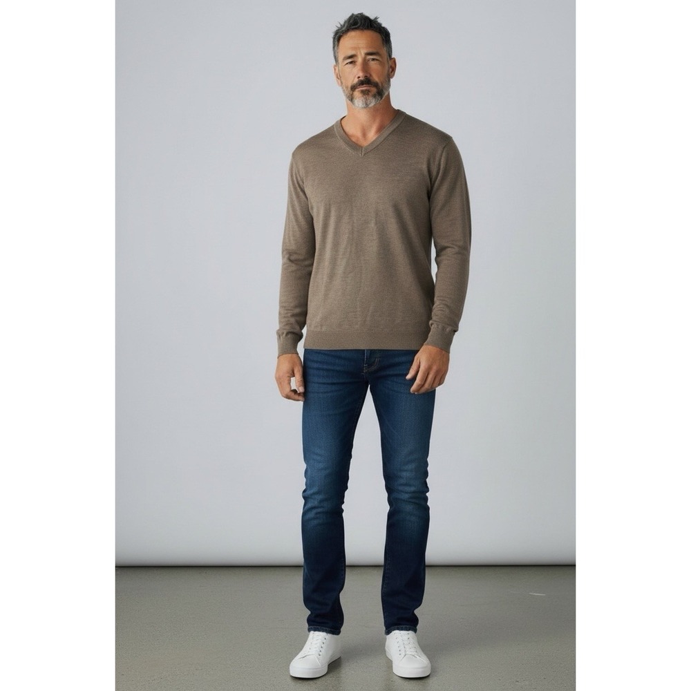 HART SCHAFFNER MARX Mens Taupe‎ V Neck Pullover Merino Wool Sweater Medium